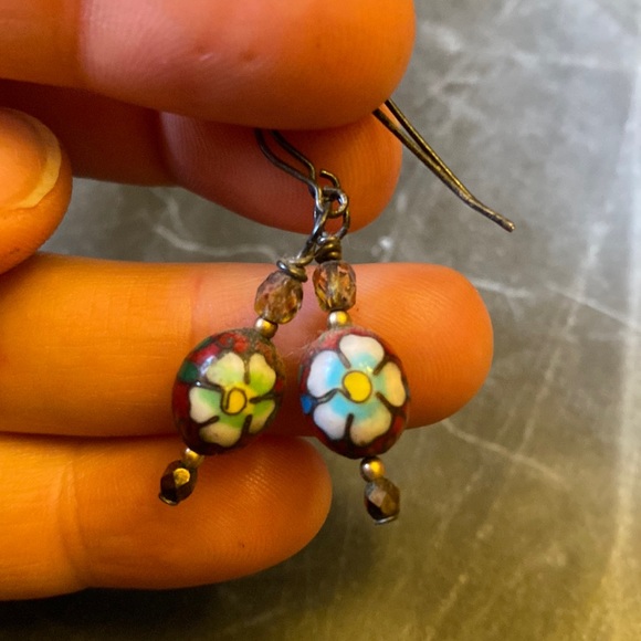 Hand Made earrings flower antique bead and Smokey quartz with oxidized silver - Picture 2 of 4